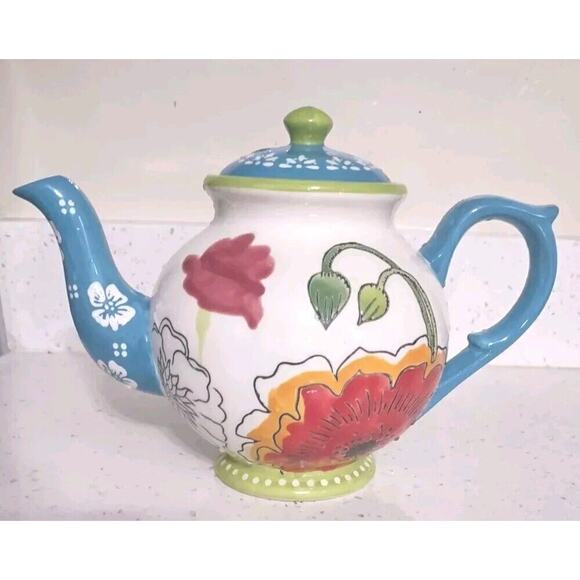 Vintage Dutch Wax Teapot Red Blue Floral Coastline Imports Ceramic - Picture 2 of 9